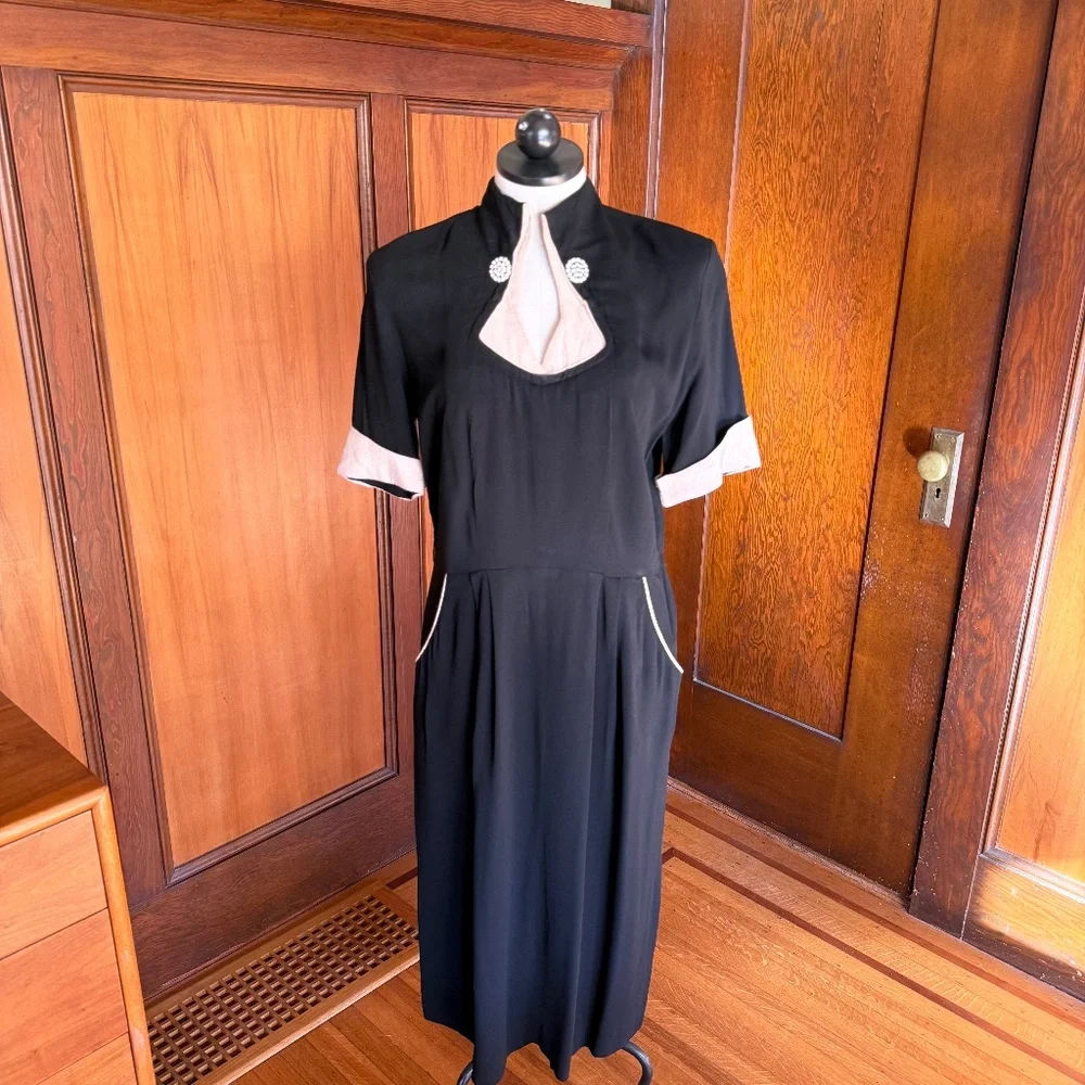 Vintage 40s 50s Black Cocktail Evening Dress w/ White Gold Lurex Rhinestones, XL - Picture 8 of 9